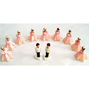 Vintage 50s Wedding Cake Toppers Mini Bridal Party Set Pink Bridesmaids & Grooms